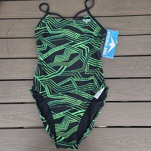 TYR The Finals Women Maize Swimsuit Swanback Green Black 1 Piece- Size 34 New